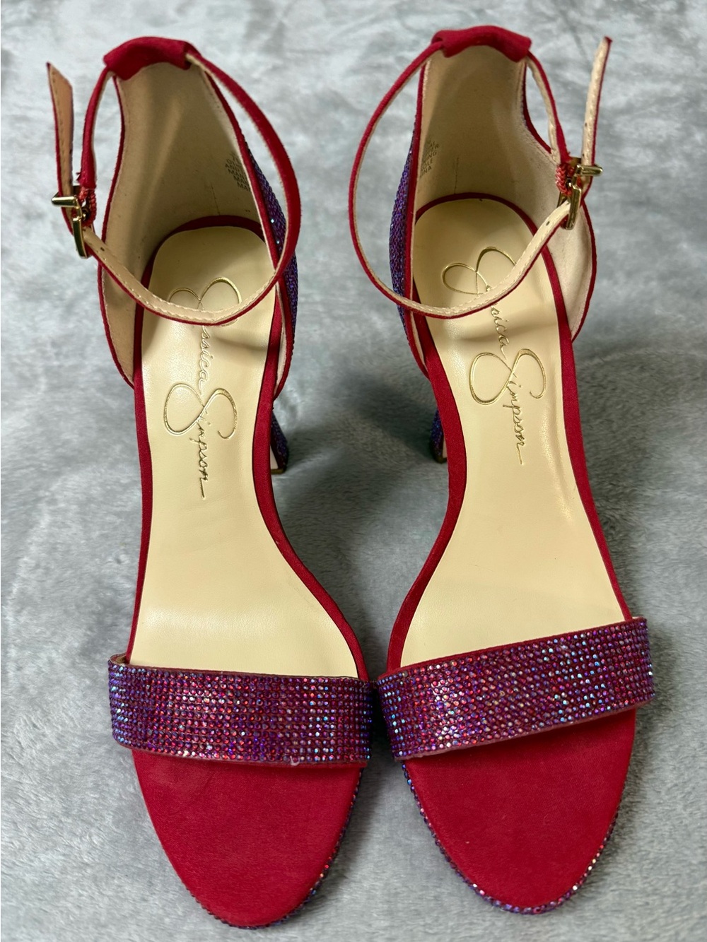 Jessica Simpson Red Suede Ankle-Strap Heels with Crystal Toe Band
